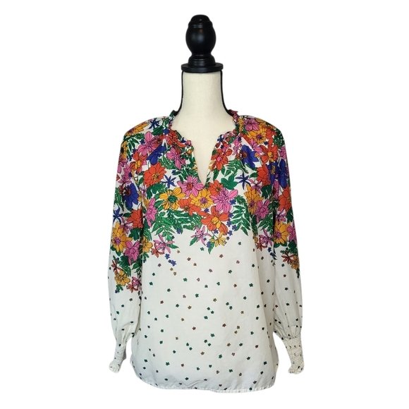 Talbots Petite Top White Multicolor Floral Split Vneck Long Sleeve Elastic Cuffs - Picture 1 of 8